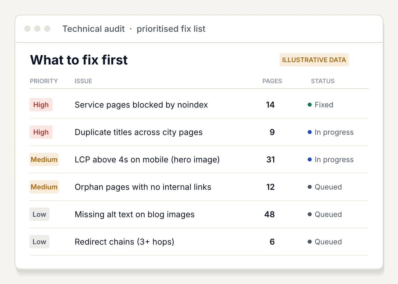 Example technical audit fix list with priorities, affected page counts and status
